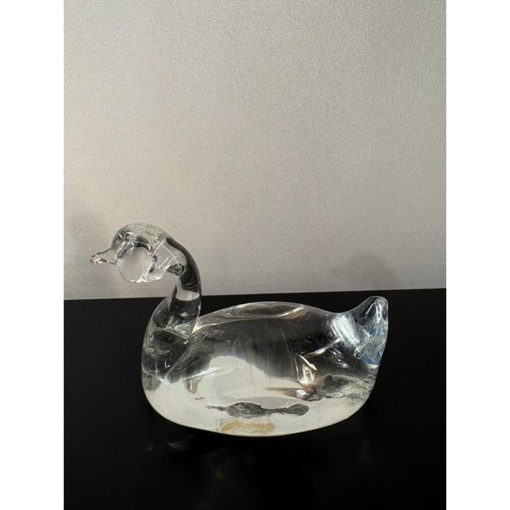Art Glass Duck Figurine Solid Clear Waterfowl Curved Neck Paperweight Heavy